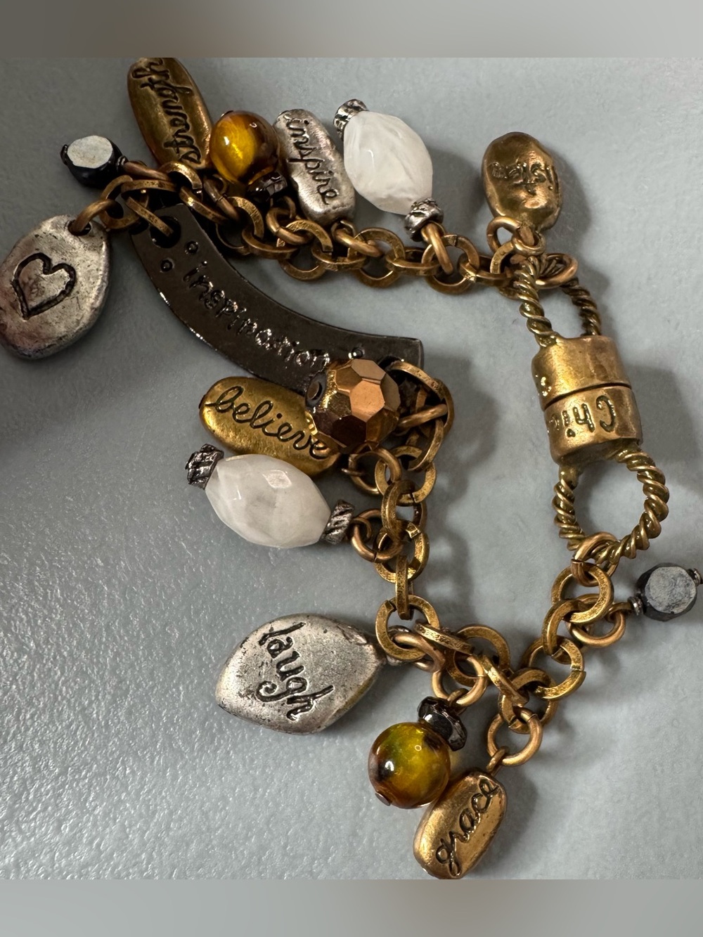 Chico's Gold-Tone Charm Bracelet with White and Amber Accents motivational boho - Picture 5 of 7
